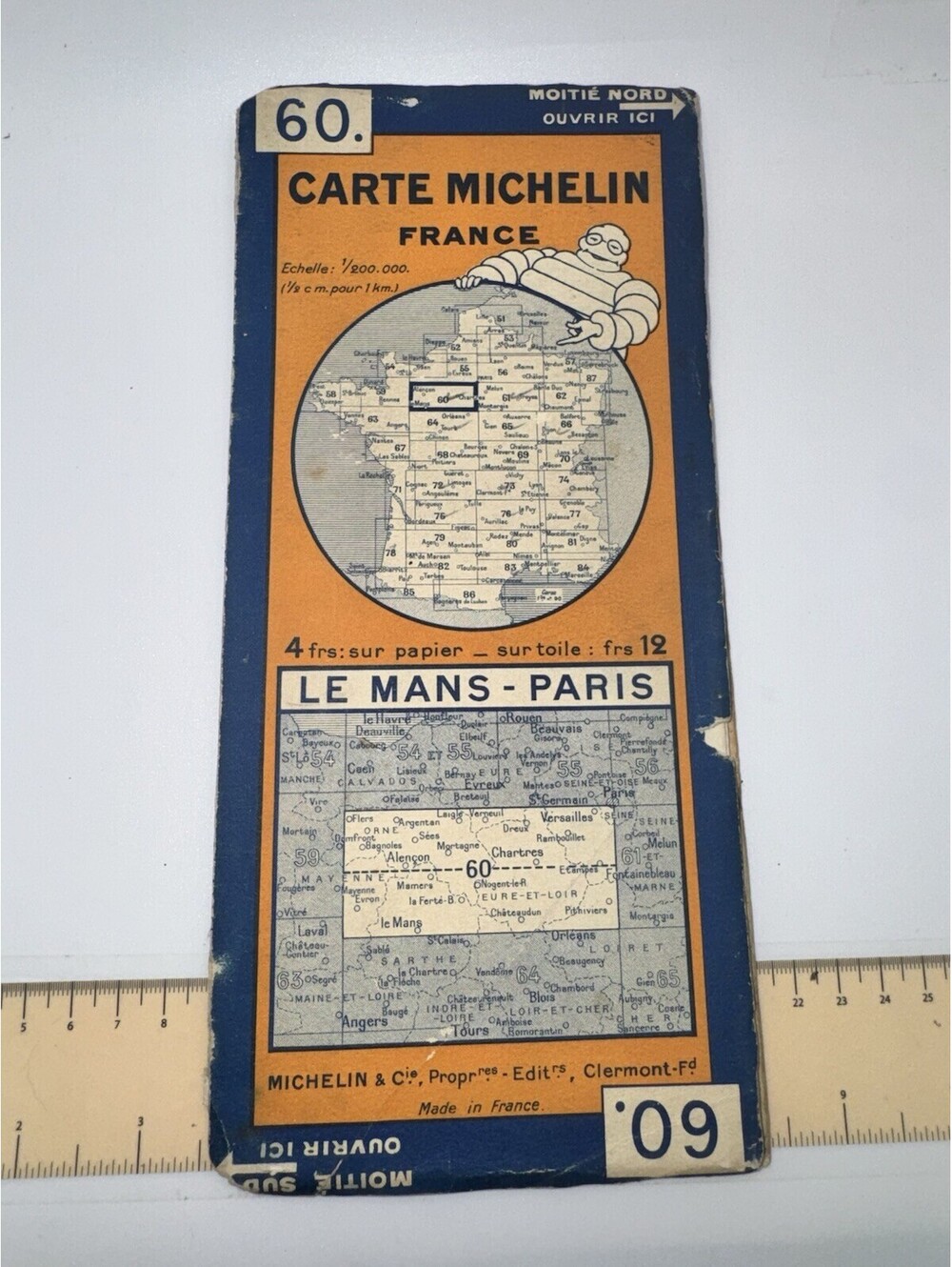 Vintage Michelin France Map 60 Le Mans Paris Bibendum Michelin Man - Fold Out